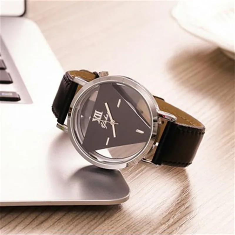 

Melhor venda de moda invertida triângulo oco de aço inoxidável polarizada fivela de couro ajustável relógio de quartzo ajustável