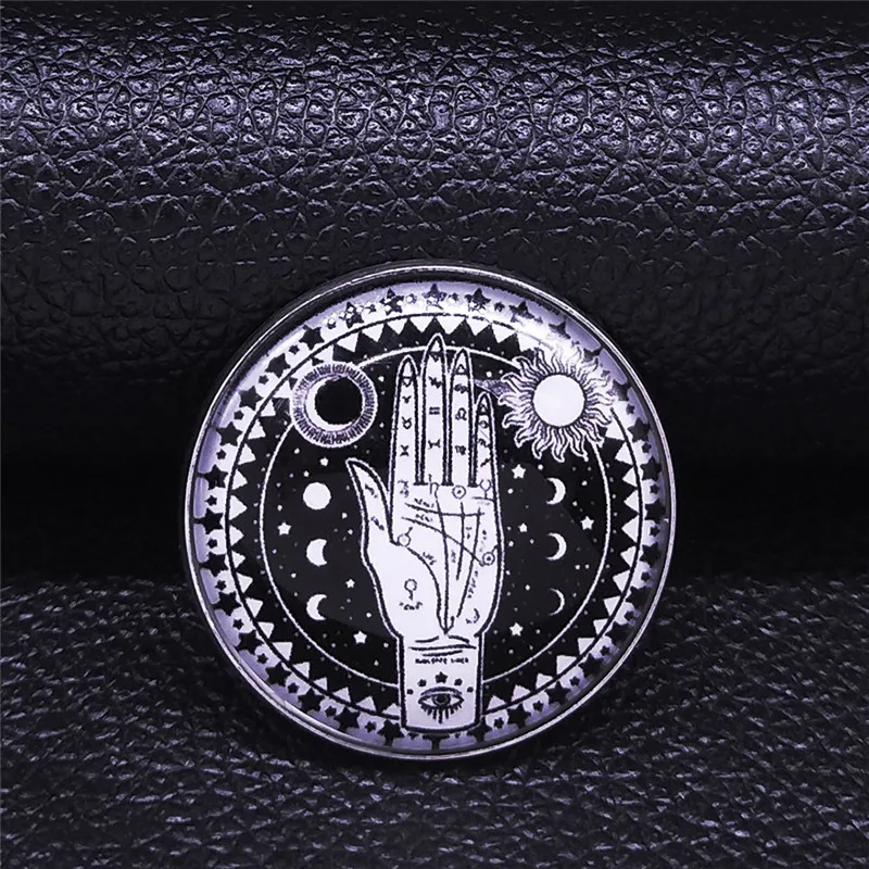 

Divination Hand Sun Moon Stainless Steel Glass Brooches Women/Men Silver Color Pins Jewelry broche femme bijoux N4413S05