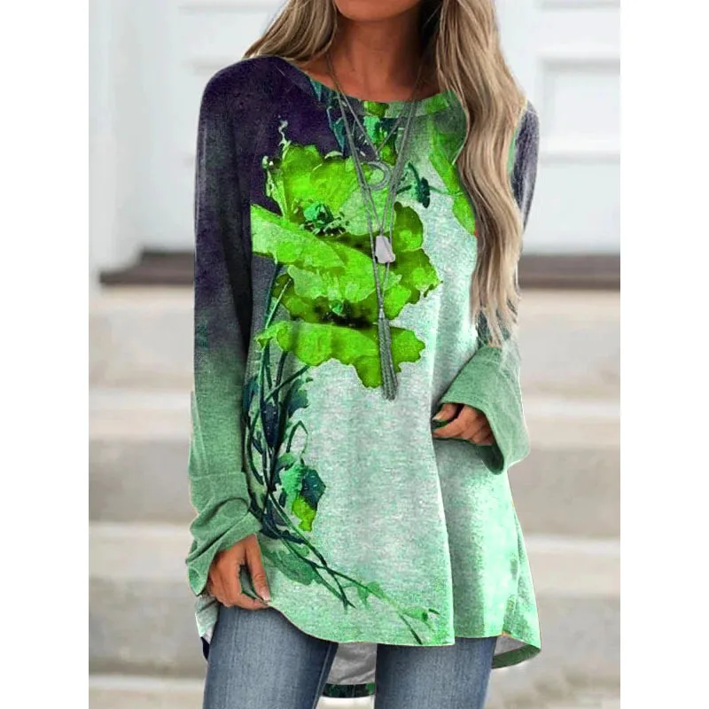 

Women Autumn Winter Casual Loose Floral Print Long Sleeve T Shirts Plus Size Fashion Elegant Pullover O Neck Female Shirts Tops