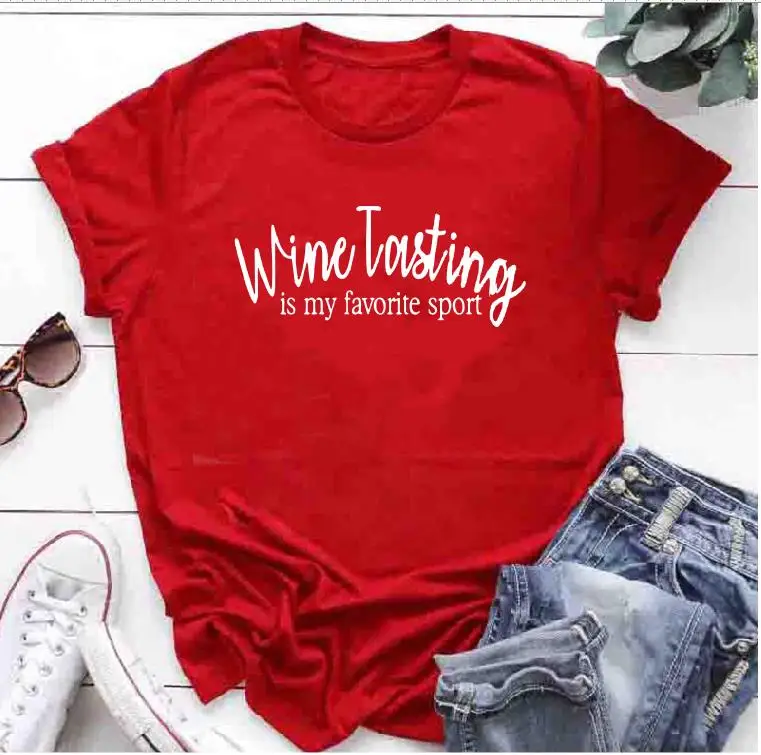 red t white words Дегустация вина-это моя любимая Спортивная футболка Winery Tour Lover, женская модная повседневная футболка с коротким рукавом, большие размеры, Прямая поставка - Цвет: red t white words
