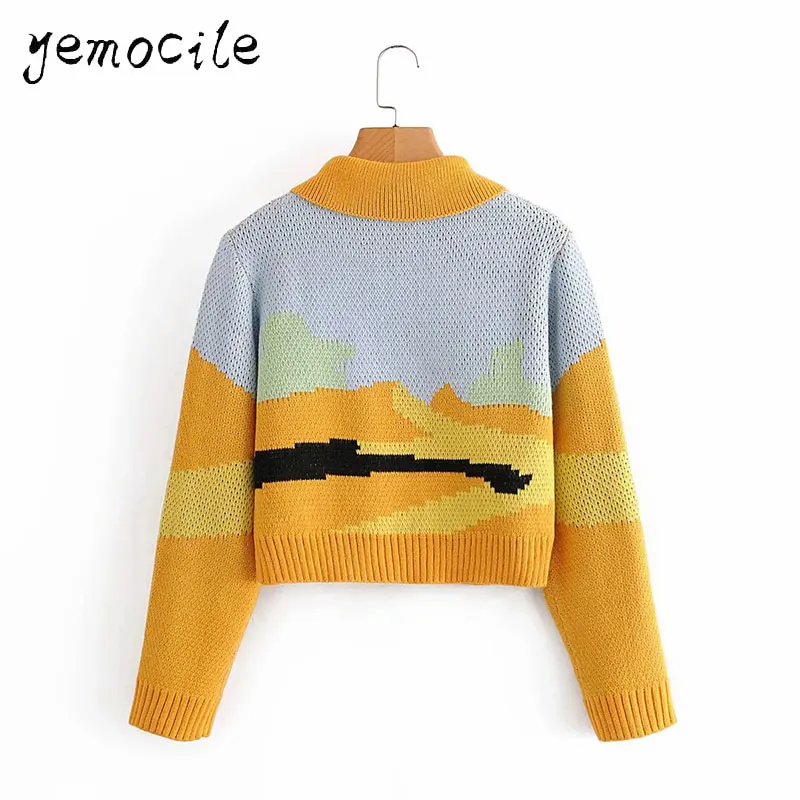 Women's Sweaters Retro Oil Painting Jacquard Knitted Cardigan European and American Style Vintage Autumn Short Sweater |