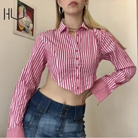 2021 fairy grunge clothes lapel vintage stripe crop tops long sleeve button up short blouse backless bandage casual t shirts