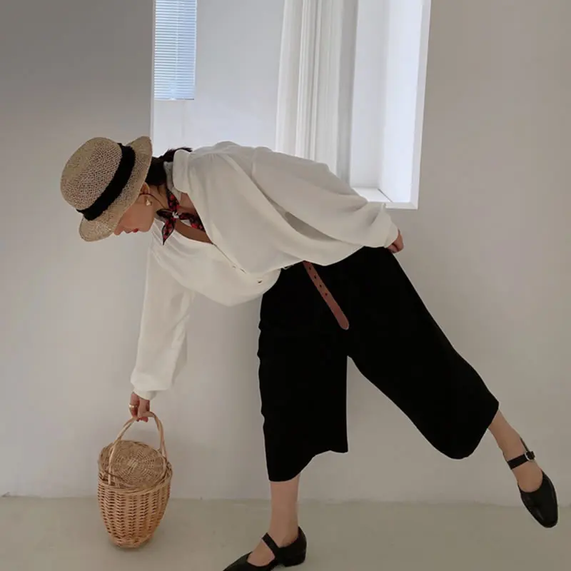 

XITAO Plus Size Bandage Bow White Blouse Women Clothes 2021 Spring New Fashio Half High Collar Casual Match All Shirt LDD1064