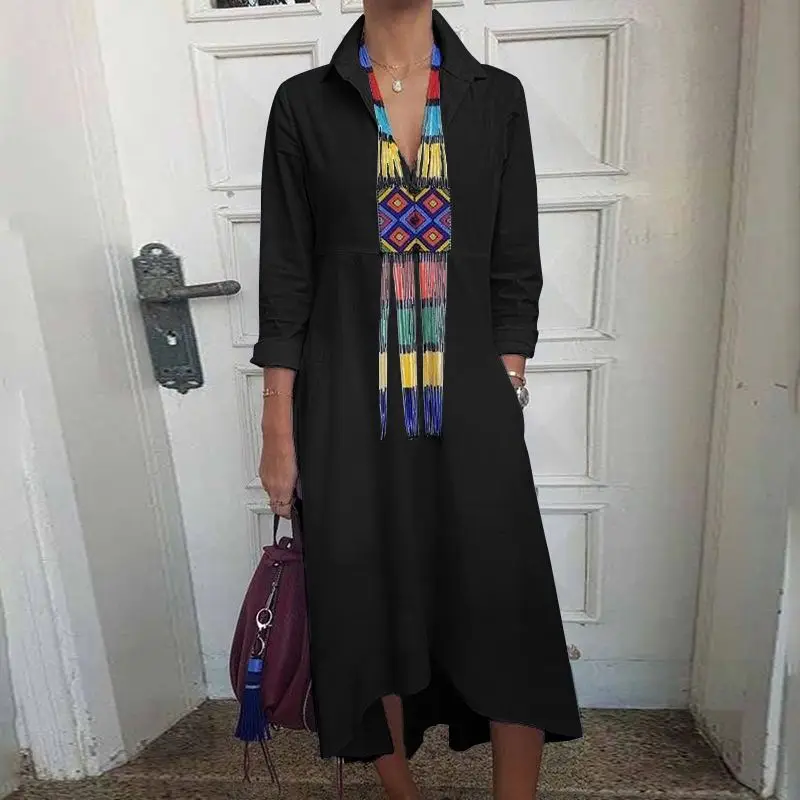 VONDA Elegant Dress Women Sundress Spring Summer Female Long Sleeve Lapel Neck Shirt Dress Long Robe Vestidos Plus Size