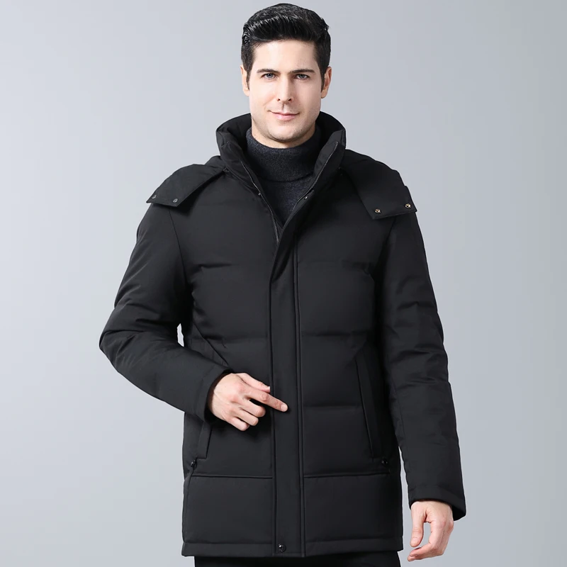 

Мужская куртка на 2021 пуху белой утки, толстая теплая черная парка с капюшоном, зимняя однотонная куртка на молнии, верхняя одежда, 90%