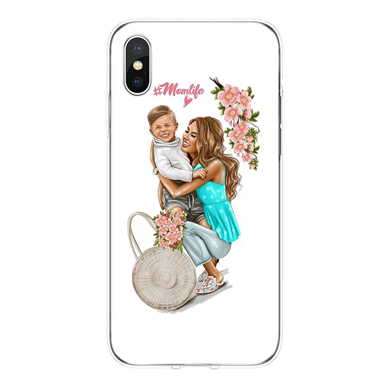 Fashion Black Brown Hair Baby Mom Girl Cover Soft Silicone Phone Case For iPhone 5 5C 5S SE 6 6plus 7 7plus 8 8plus X XR XS Max | Мобильные