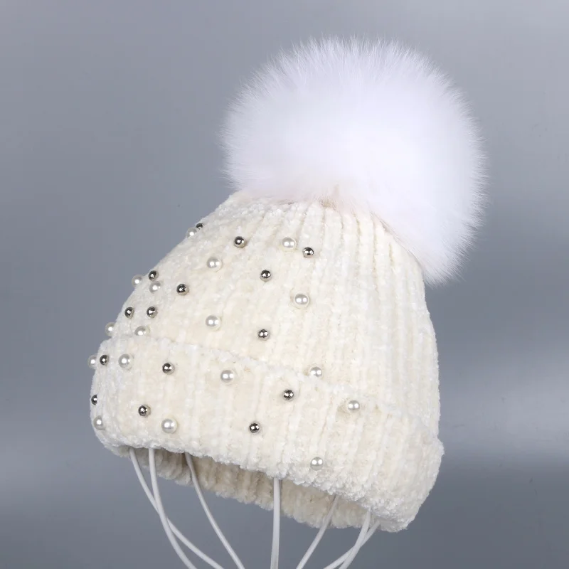 Fox Pom white hat Женская шенилловая зимняя шапка с лисьим помпоном очень мягкая Высококачественная полосатая самодельная дизайнерская женская модная зимняя Шапка-бини - Цвет: Fox Pom white hat