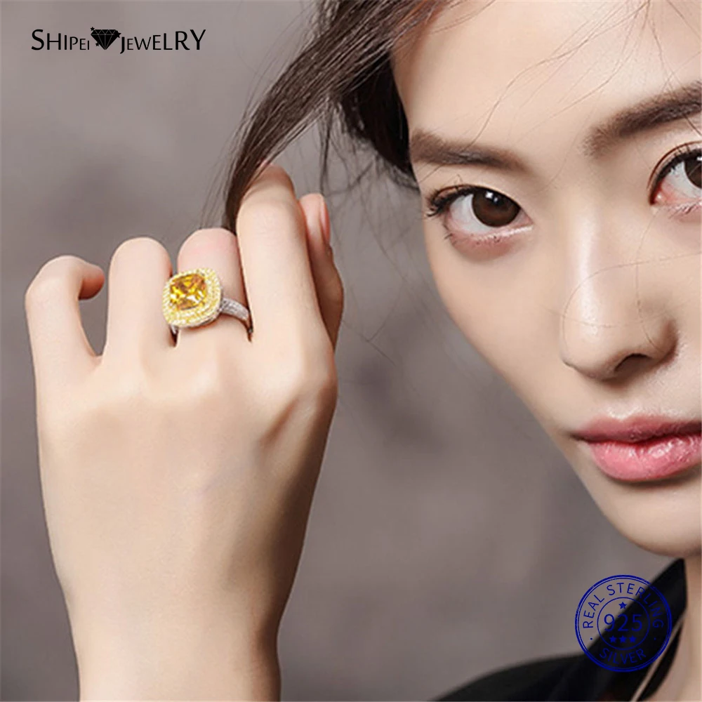 Shipei, 925 пробы, серебряные ювелирные изделия, набор, роскошный, желтый сапфир, квадратные висячие серьги, подвеска, ожерелье, кольцо для женщин