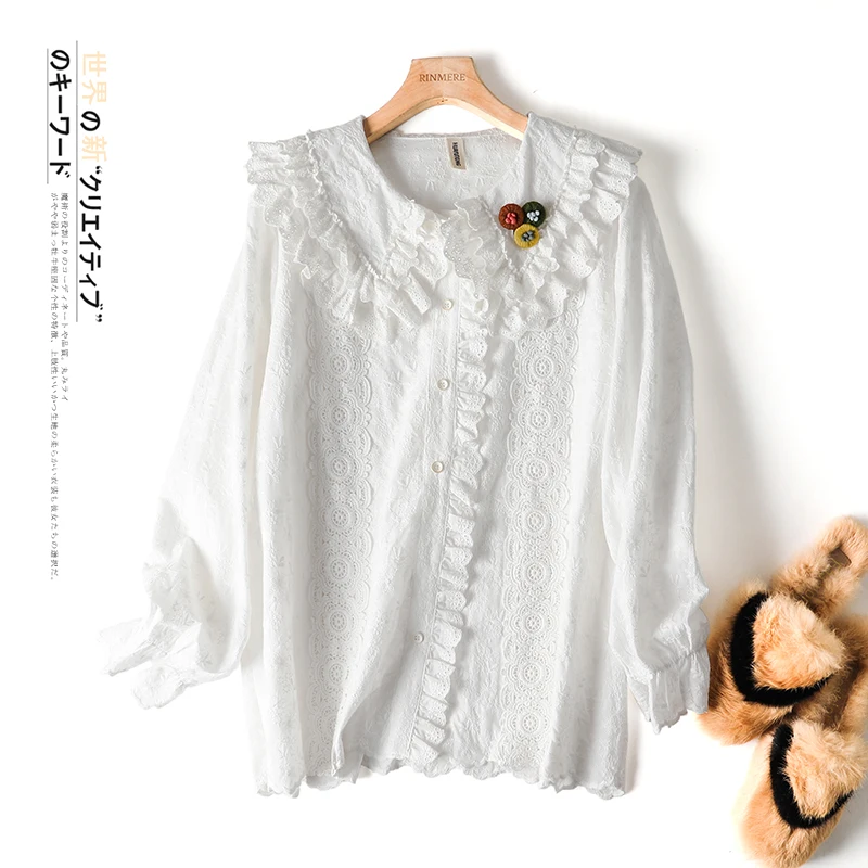 Новая Осенняя хлопковая рубашка в японском стиле с вышивкой Свободная Женская
