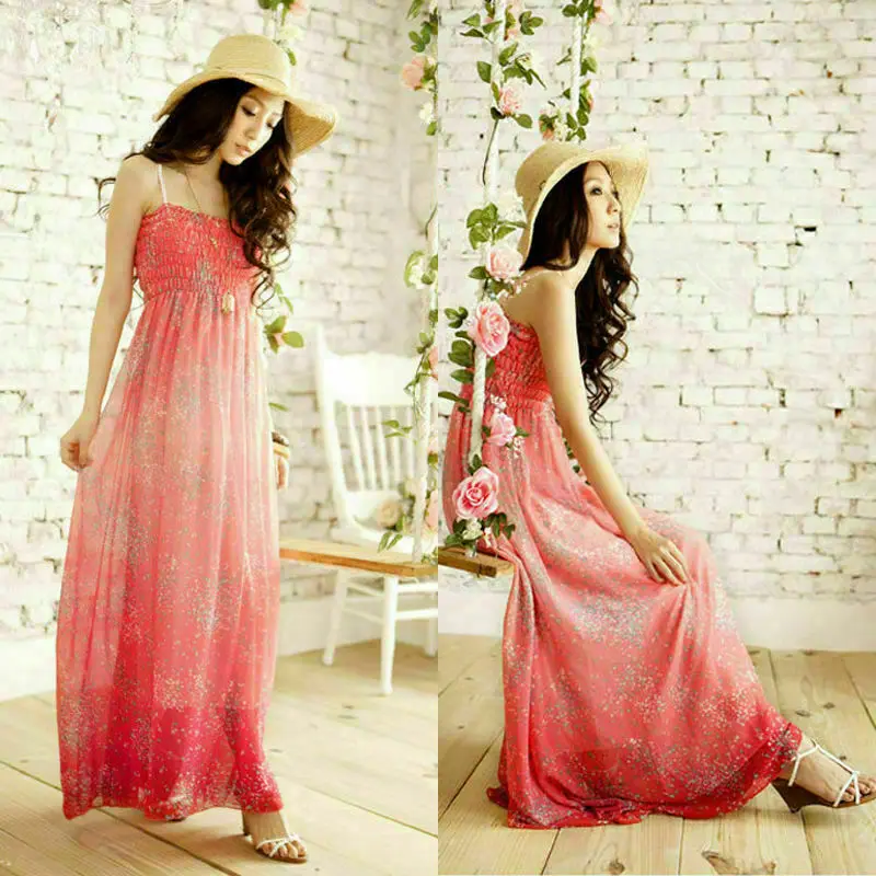 Summer Dress Woman Bohemia Long Sling Ladies Sleeveless Gradient Party Strap Beach Chiffon Maxi Spaghetti Dresses | Женская одежда