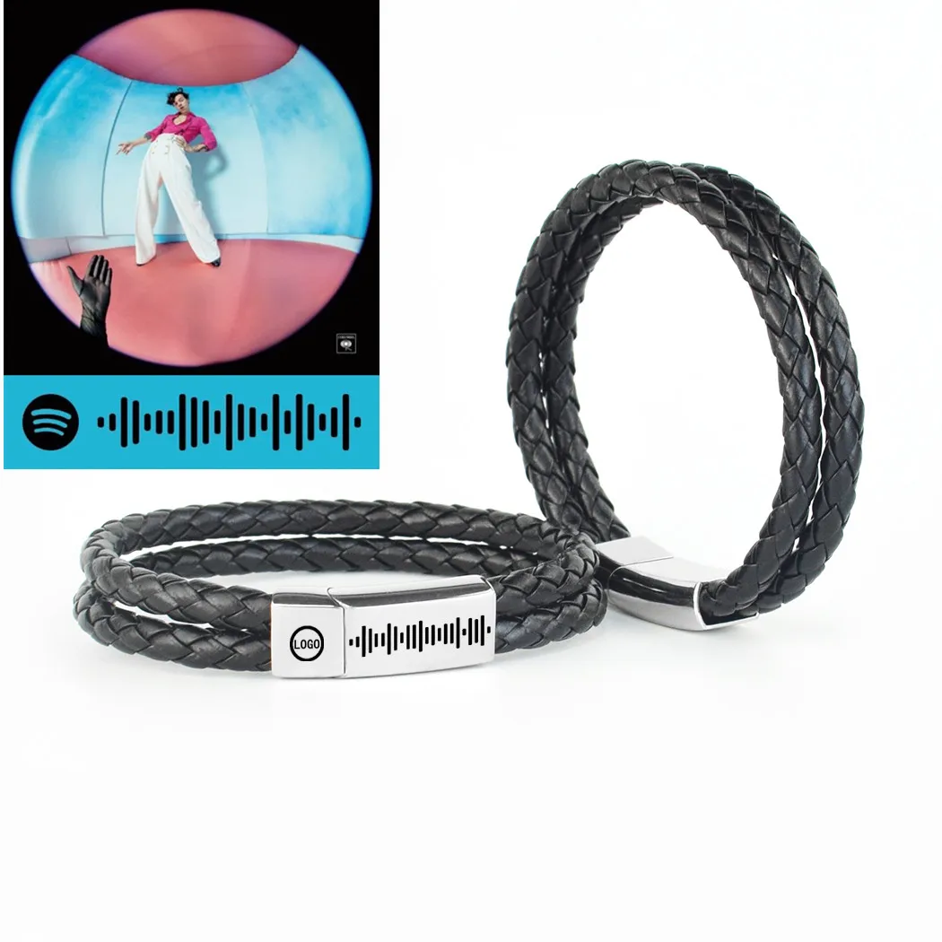 

Custom Spotify Code Scannable QR Code Bracelet Personalized Laser Engraved Jewelry Men Punk Leather Braided Bracelet Gift