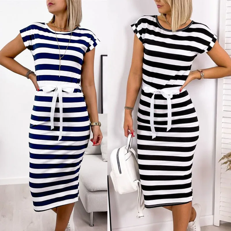 

Striped Midi Dress with Belt Tunics Short Sleeve Wrap Dress Elegant Casual Women's Pullover Dresses O Neck Boho Dress OL S-XXL