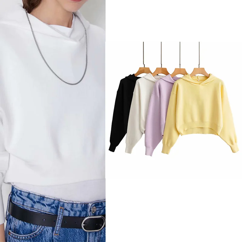 

2021 Spring Knit Hoodie Women Four Color Casual Solid Short Style Waist Lantern Sleeves