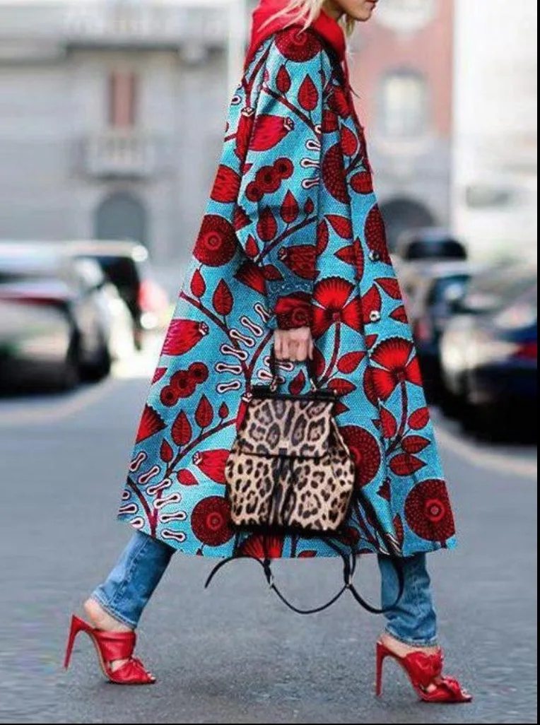 

Spring New Women's Mid-length Print Blouse, Long Sleeve Woolen Coat Lapel Single-breasted Straight Temperament Communte
