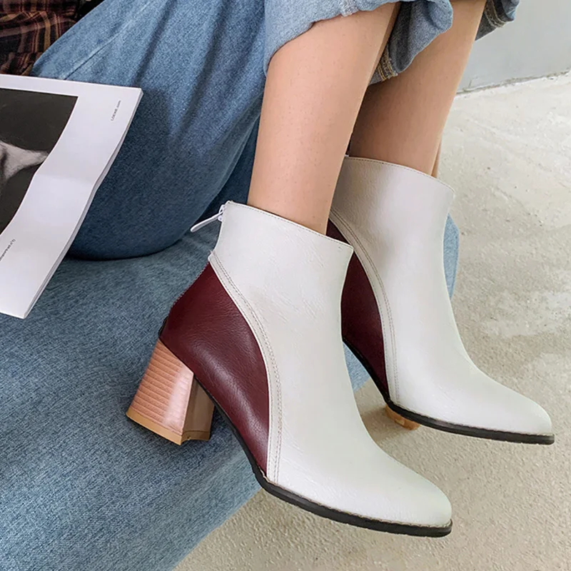 

Women Ankle Boots Plus Size 47 48 49 50 51 52 53 54 High Block Heel Fashion Patchwork Footwear for Lady Short Pu Leather Shoes