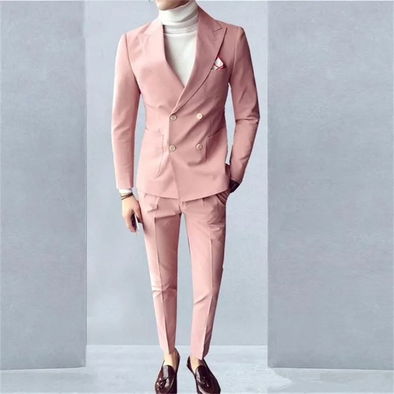 

Pink Fashion Sunshine Men Suits Double Breasted 2 Pieces (Jacket+Pants) Peaked Collar Slim Fit Suit Wedding Dinner Party Tuxedos