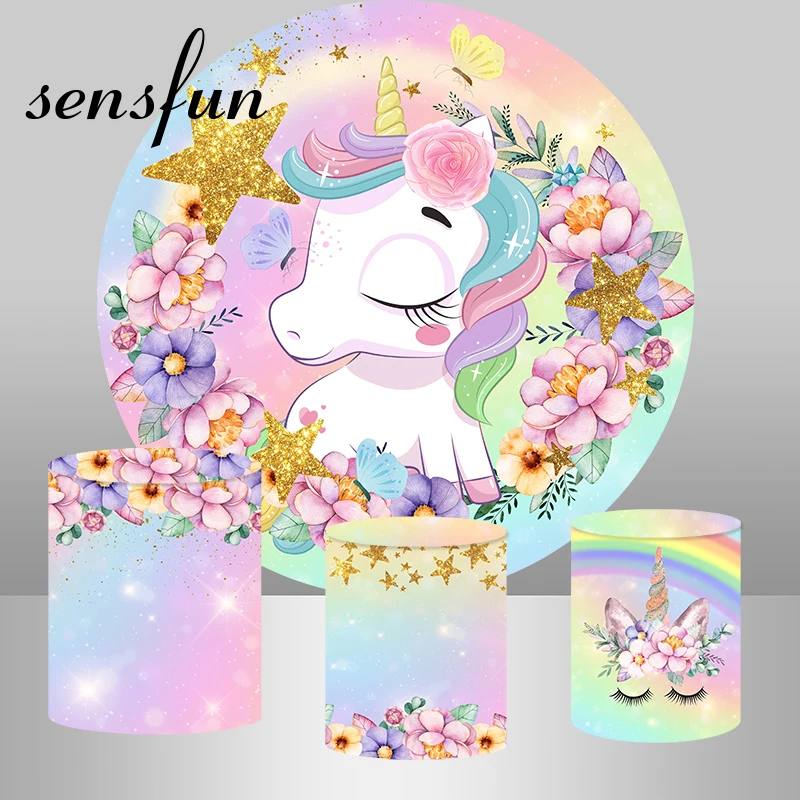 Sensfun-telón de fondo redondo para fiesta de bebé, flores, unicornio, Color arcoíris, brillo dorado, estrellas, niñas, primer cumpleaños