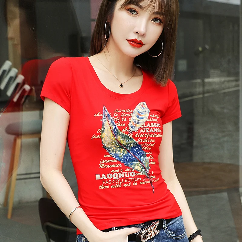 

Women Tops Shirts Solid Diamonds COTTON Short Sleeve Women T-Shirts Clothing O-Neck Plus Size Casual 2021 Women Summer T-Shirts