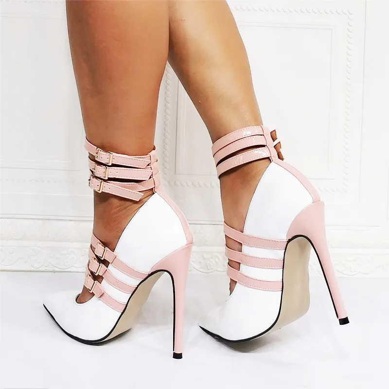 

Summer Stiletto High Heels Women Sandals Mixed Colors Pink White Pumps Woman Pointed Toe Ankle Square Button Strap Ladies Shoes