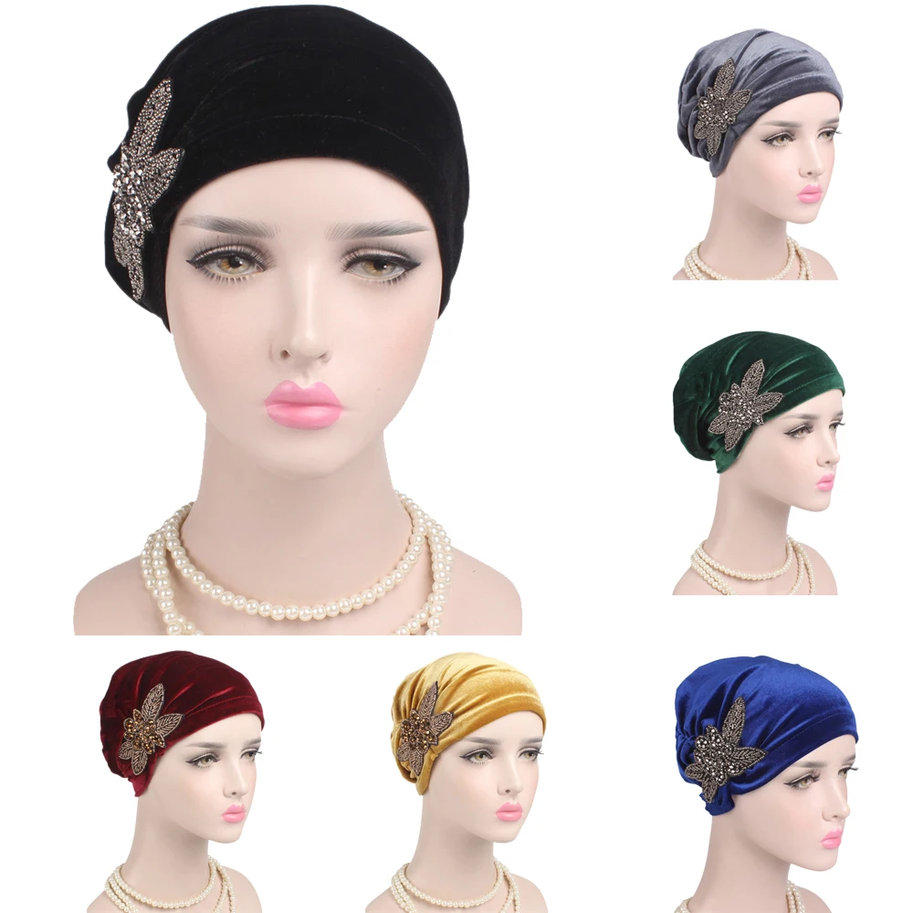 

Muslim Velvet Beanies Women Indian Hat Beads Arab Bonnet Headscarf Chemo Cancer Hat Skullies Turban Bandanas Headwrap New