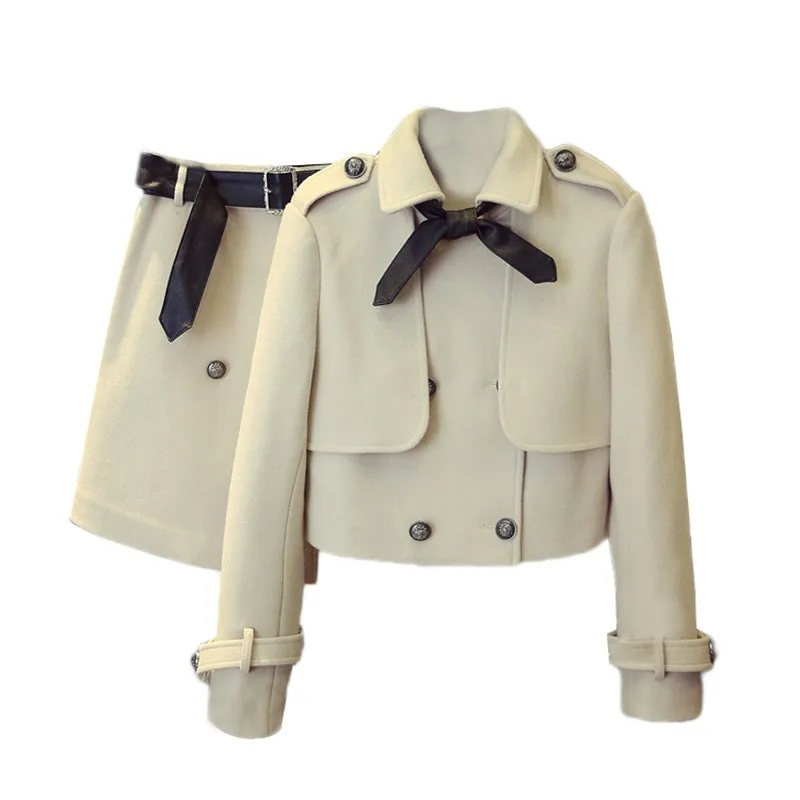 

Autumn Winter Ladies Slim Fit Qualities Coats Skirts Two Piece Outfits Long Sleeve Double Breasted Short Jackets A-Line Skirts