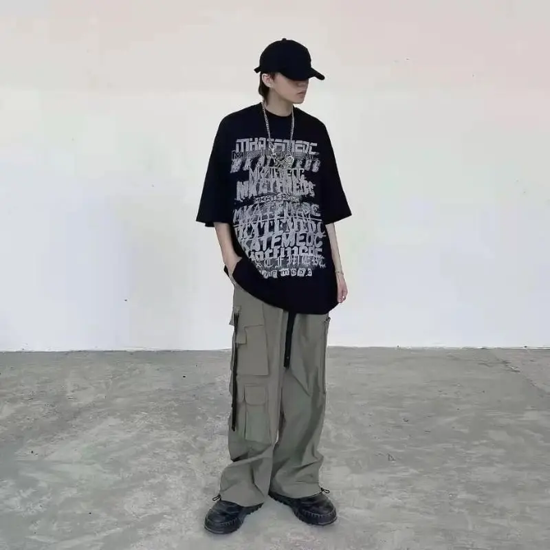 

Summer Hong Kong national trend original dark black graffiti printed short-sleeved t-shirt male loose niche high street trend