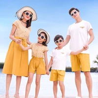 matching family outfits summer mum daughter dress dad son cotton t shirt shorts holiday seaside beach couples matching clothing