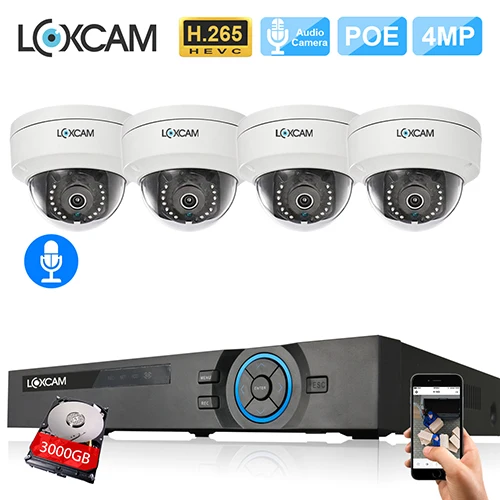 LOXCAM H.265+ система камеры безопасности 5MP POE NVR комплект 4MP аудио запись уличная Антивандальная POE ip-камера комплект видеонаблюдения - Цвет: 4CH NVR x 4 Camera
