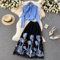 2021 autumn winter runway designer fashion skirt suit women blue knit bow tops and embroidery a line long skirt two piece sets