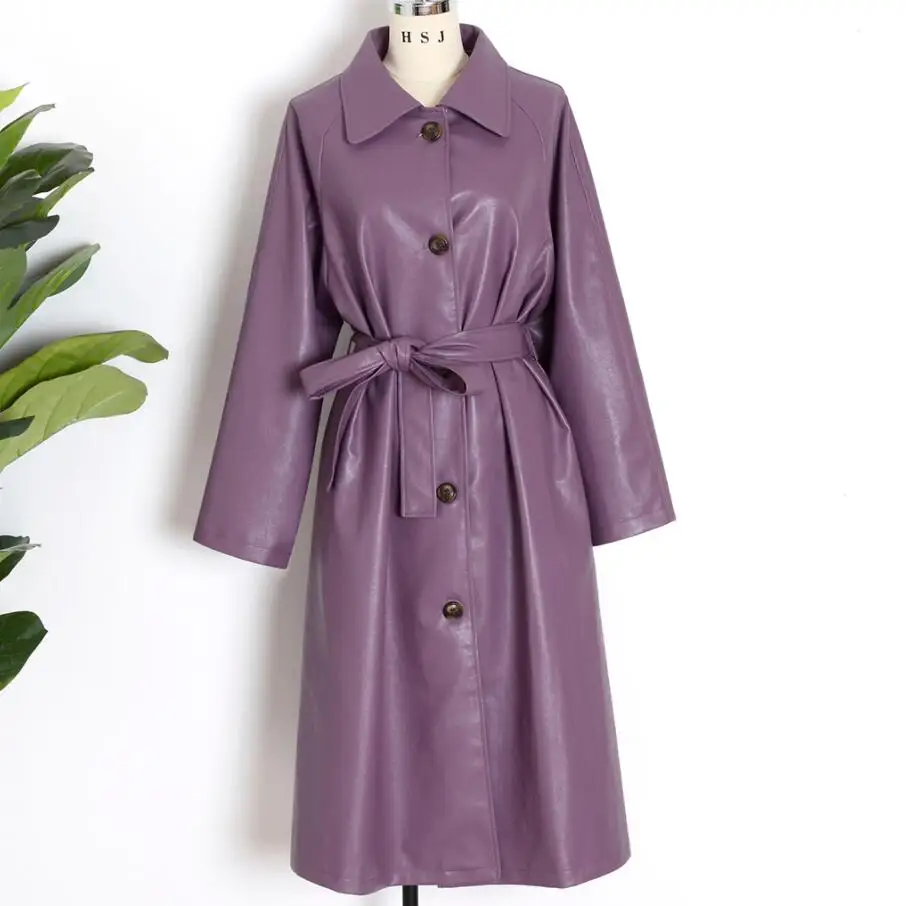 Женский однобортный Тренч из искусственной кожи Длинная ветровка фиолетового