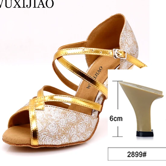 Gold heel 6cm WUXIJIAO розовый узор PU материал черные золотые латинские женские туфли для танцев сальса танцевальные вечерние со стразами Бальные Танцевальные Туфли 9 см - Цвет: Gold heel 6cm