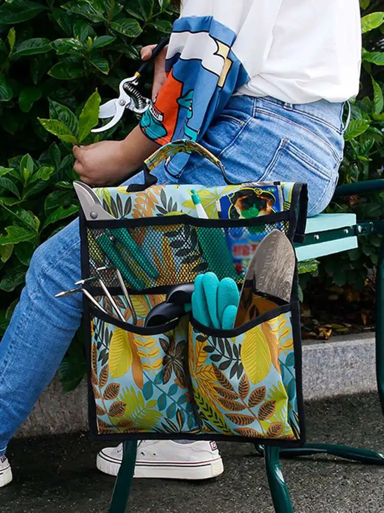 

Oxford Cloth Material Leaf Print Seat Storage Multi Pockets Hanging Organizer Garden Kneeler Tool Bag Wear-resistant And Durable