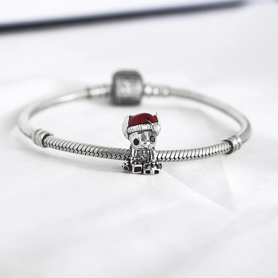 

Authentic S925 Silver Enamel Stitch Christmas With Crystal Bead Charm fit Lady Bracelet Bangle DIY Jewelry