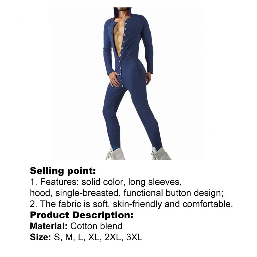 

Men's Jumpsuit Long Sleeve Skin-friendly Solid Color Men Hooded Pajamas for Adult Sleepwear One Piece Pyjamas Male Clothing
