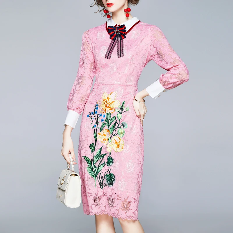 

Summer New Women's Embroidery Bow Long Elegant Dignified Ladies Wind Long-Sleeve Paneled Lace Dress