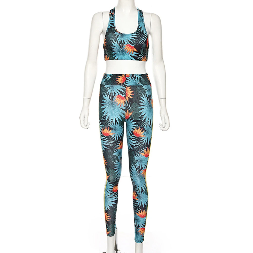 Women 2 Pcs Yoga Set Gym Fitness Clothes Floral Print Bra+ Long Pants Running Tights Jogging Workout Yoga Leggings Sport Suit