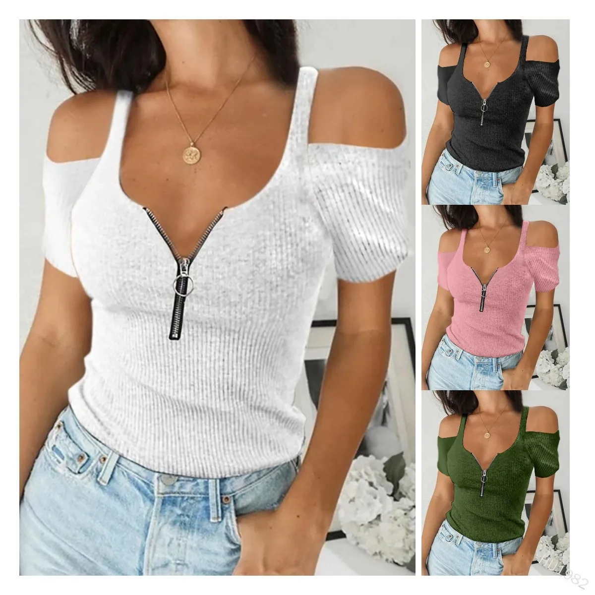 

WEPBEL T-shirt Women's Sexy Off Shoulder Spaghetti Strap Slim Solid Color T-shirt Summer Short Sleeve V-neck Zipper T-shirt