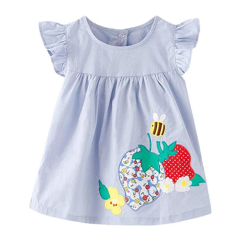 

Little Maven New Summer Kids Light Blue Strawberry Applique O-neck Short-sleeved Cotton Woven Girls Casual Tshirts Blouses Tops