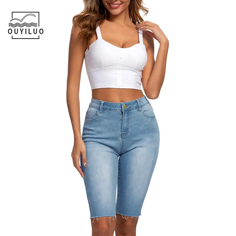 

Womens Shorts High Waist Slim Fit Long Shorts White Ladies Casual Skinny Denim Middle Shorts Club Outfit Jean Shorts