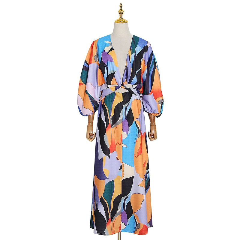 

High Waist Hollow Out Hit Color Midi Dresses For Female Casual Print Summer Dress Women V Neck Lantern Half Sleeve