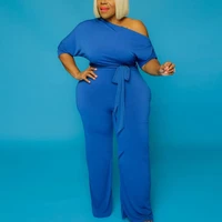 plus size blue jumpsuits and rompers for women 4xl 5xl high waist half sleeve skew collar solid femme jumpsuits big size 2020