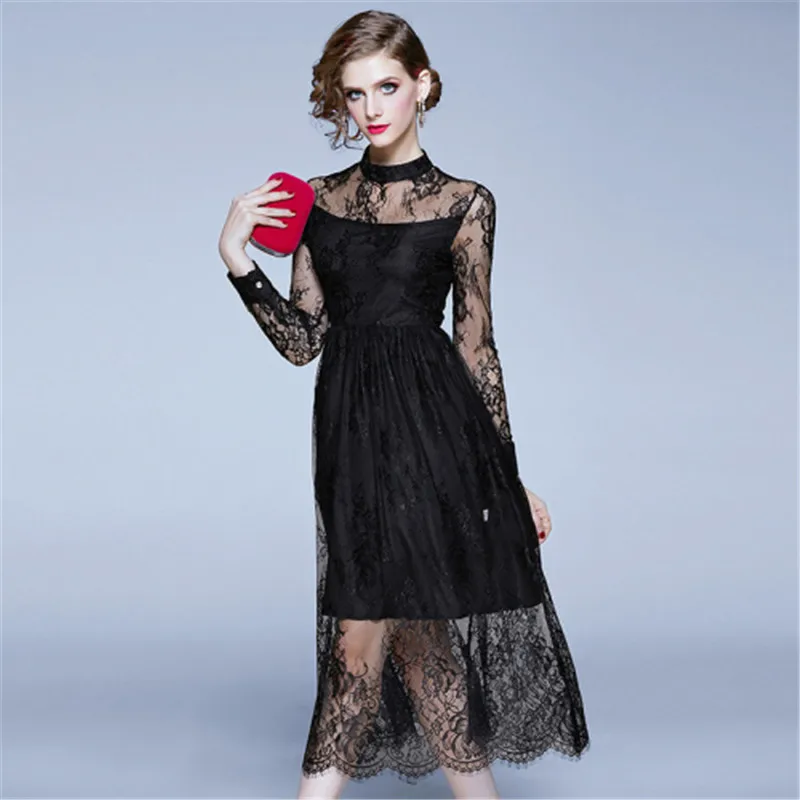 

Женское вечернее платье-трапеция, черное кружевное платье с воротником-стойкой и длинным рукавом, весна 2021