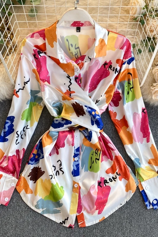 

womens tops 2020 spring summer elegant korean fashion womens clothing Beach Style long sleeve Tie-Dye satin women blouses shirts