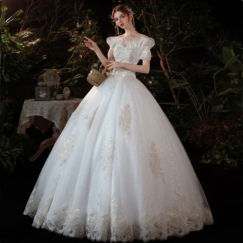 

French Light Main Wedding Dress New Bride's One Shoulder Temperament Shows Thin Starry Sky Dream Super Xiansen Princess