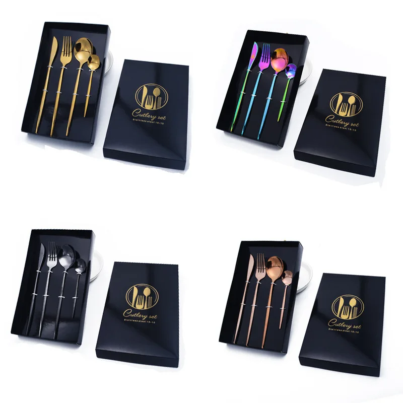 

Outdoor Stainless Steel Tableware Titanium-plated Western Steak Cutlery Coffee Stirring Spoon Gift Four-piece Set