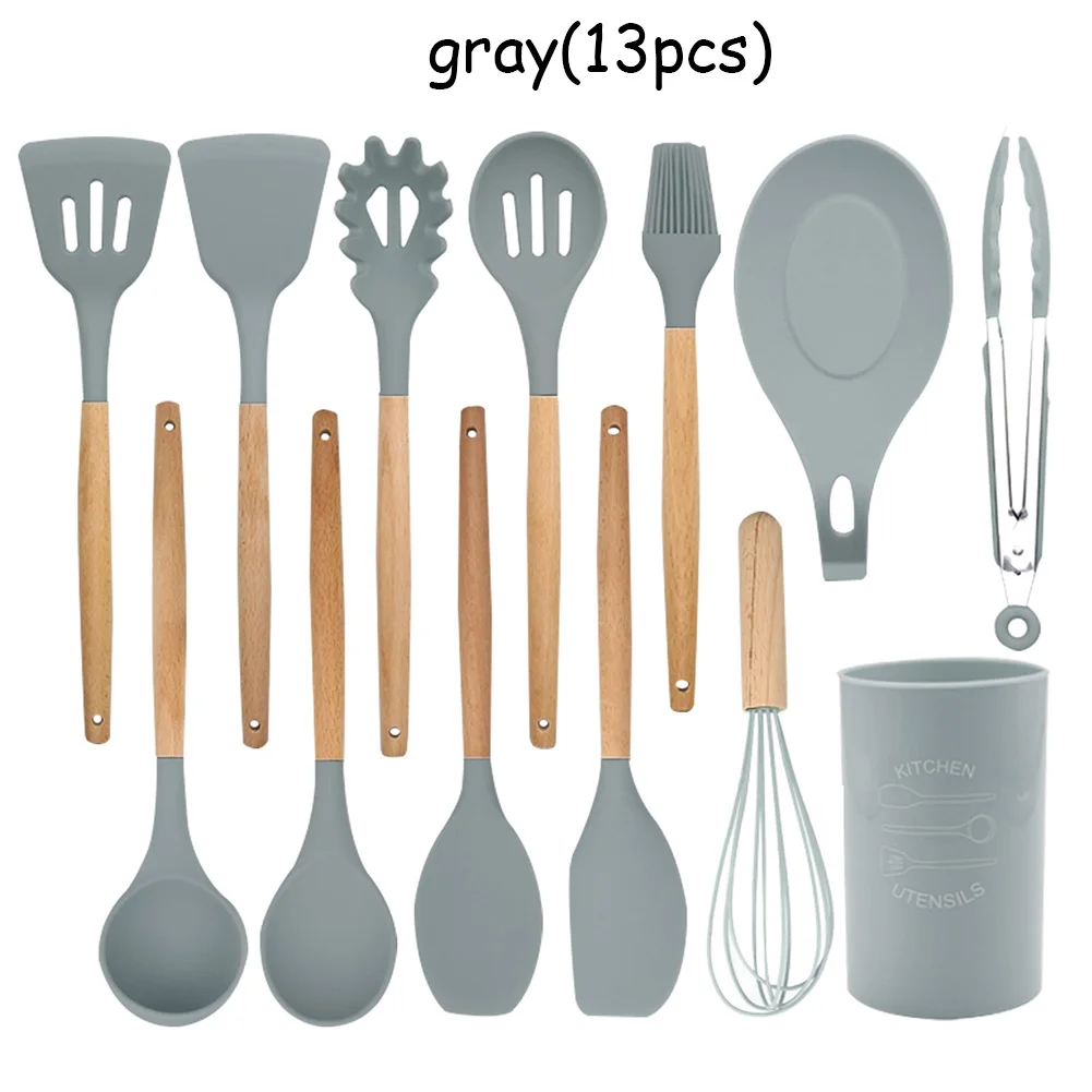 Grey 13Pcs Антипригарная силиконовая кухонная утварь Пособия по кулинарии инструменты Кухня набор посуды с бамбуковыми ручками по Пособия по кулинарии инструмент не токсичный Кухня гаджеты 9/10/12 шт - Color: Grey 13Pcs