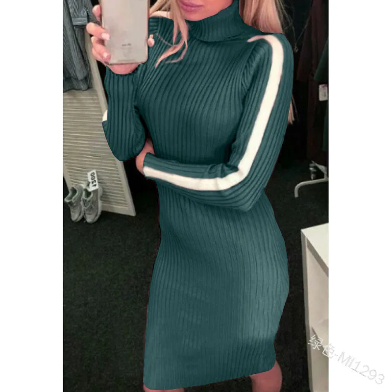 

2019 Autumn Winter Maternity clothes 5XL High-Collar A Line Dress for pregnancy women Knitting Contrast Dresses keep warm tops