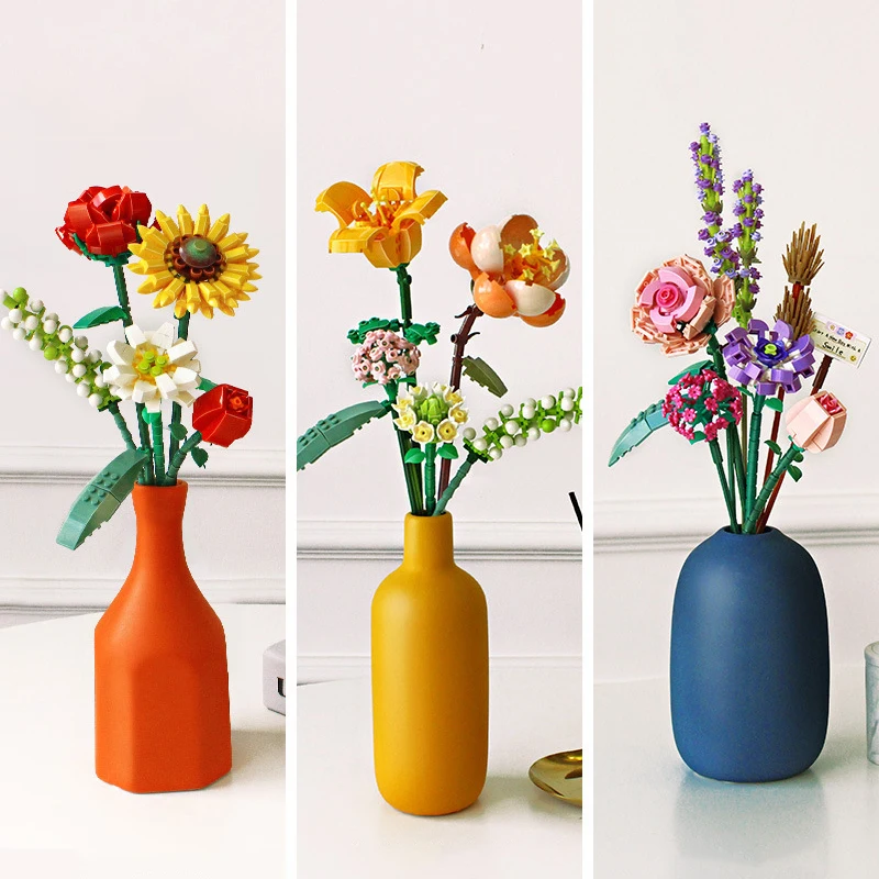 Ramo de bloques de construcci&oacute;n en 3D para ni&ntilde;os, modelo de juguete para decoraci&oacute;n del hogar, planta en maceta, crisantemo, rosa, ensamblaje de flores, juguete para ni&ntilde;a-4