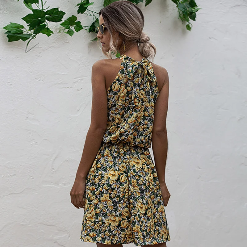 

Summer sexy strapless hanging neck floral mini dress 2021 retro short sleeveless dress beach casual