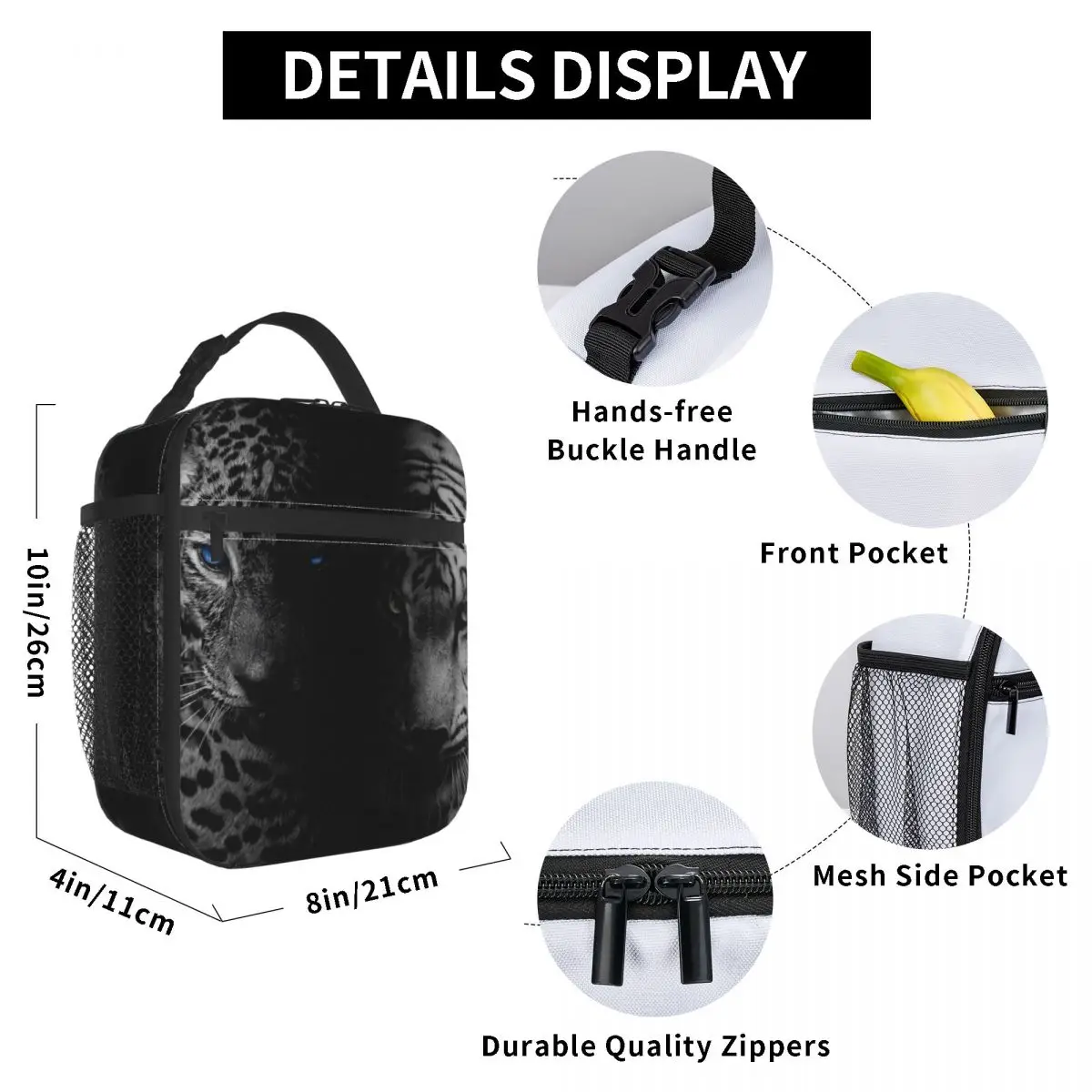 

Black White Leopards Lunch Bag for Women Men Large Insulated Lunch Box with Water Bottle Holder and Pockets